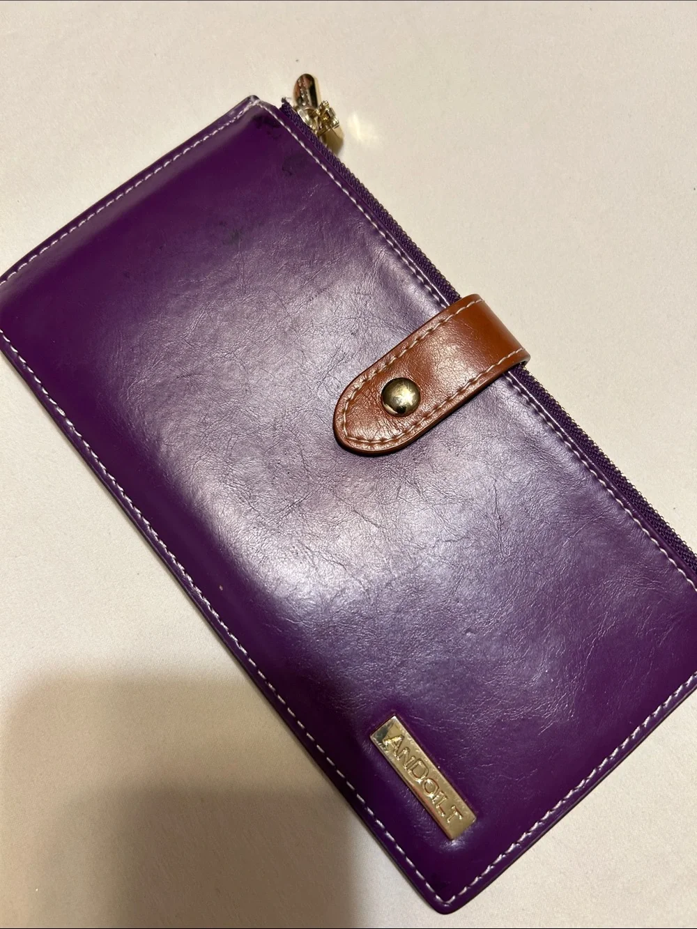 Purple Leather Zip Wallet with Brown Snap Strap